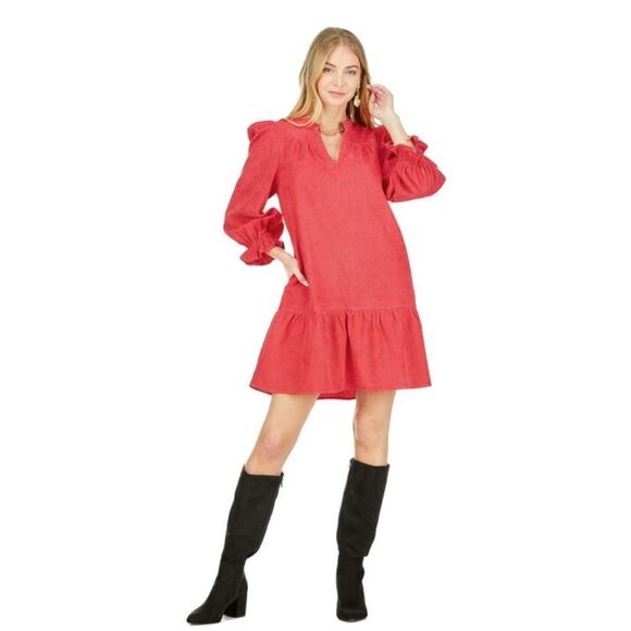 Joy Joy Blue Corduroy mini flounce dress w long puffy sleeves and a drop waist-S - Picture 9 of 15